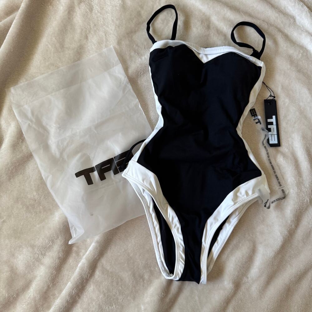 TA3 Black White Framey Strapless Swimsuit Size XXS Short Contour Bathing Suit